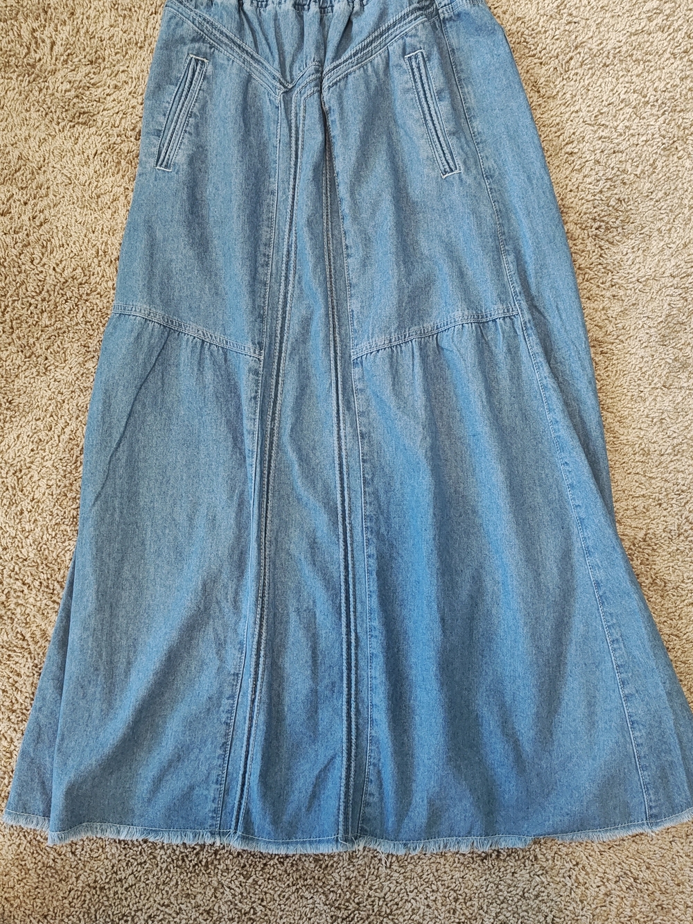 Women Size S Chartou Denim Maxi Skirt Light Wash Western Boho Raw Hem NWT